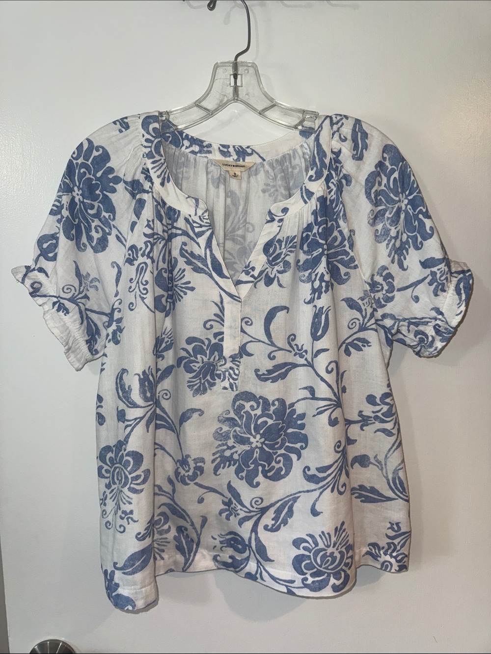 Lucky Brand White Blouse with Blue Floral Motif
